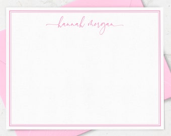 Border Note Cards Personalized with Name in Signature Script Font, Set of 10 Flat Notecards Stationery Set, Choose Ink and Envelope Colors
