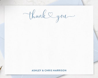 Connecting Heart Thank You Cards, Set of 10 Flat Wedding or Engagement Thank You Note Cards Personalized with Names, Choose Colors