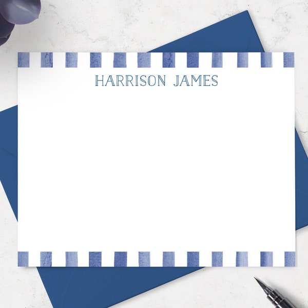 Note Cards for Boys, Personalized Notecard & Envelope Stationery Set with Navy Watercolor Stripe Border and Name in Navy Print | Set of 10