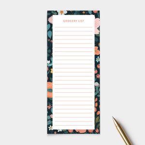 Grocery List Notepad with Floral Design, Store Shopping List, Market List Note Pad, Meal Plan List | 50 or 100 Pages | 3.625 x 8.5 inches