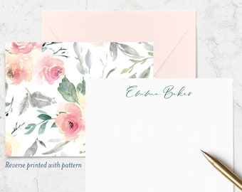 Personalized Double Sided Note Cards with Name on Front and Blush Floral Watercolor Pattern on Reverse, Set of 10 Flat Cards with Envelopes