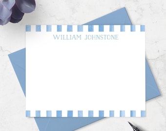 Cartes de correspondance pour garçons, enveloppe de cartes de correspondance personnalisées avec nouvelle bordure à rayures aquarelle bleue et nom imprimé en bleu | A2 ou A7