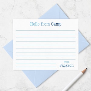Boys Camp Stationery Set, Hello From Camp Cards, Personalized Blue Note Cards, Summer Sleepaway Camp Notes
