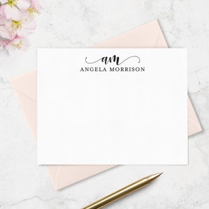 Monogrammed Stationery, Personalized Note Cards with 2 Letter Monogram and Full Name,  Set of 10 Notecards & Envelopes, Choose Colors