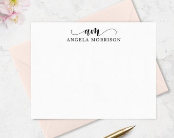 Monogrammed Stationery, Personalized Note Cards with 2 Letter Monogram and Full Name,  Set of 10 Notecards & Envelopes, Choose Colors