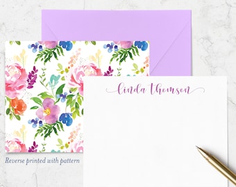 Pink and Blue Floral Double Sided Note Cards with Name on Front and Watercolor Pattern on Reverse, Set of 10, Personalized Stationary