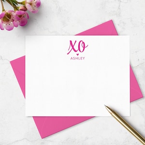 Personalized XO Heart Stationery Set, Custom Name Flat Note Cards with Envelopes