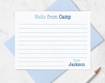 Personalized Boys Camp Stationery Note Cards , Camp Notes with Blue Lettering, Summer Camp Stationary for Children Kids | Set of 10