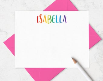 Personalized Kids Note Card & Envelope Stationery Set,  Set of A2 Flat Note Cards for Girls and Boys with Name in Bright Rainbow Colors