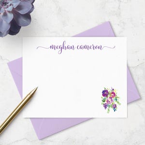 Personalized Note Cards with Name and Watercolor Flower Design, Floral Thank You Cards,  Flat Cards & Envelopes A2 or A7