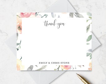 Thank You Note Cards Personalized Stationery Set with Floral Watercolor Border, Choose Quantity and Colors, Couples Wedding Thank You Cards