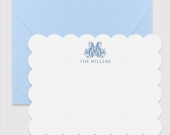 Scallop Edge Note Card, Classic Single Letter Monogram Personalized Stationery