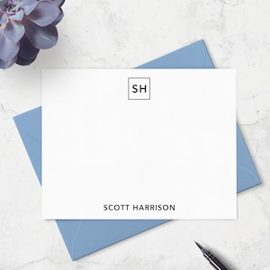 Monogrammed Note Cards for Men, Custom Stationery Set with Personalized Monogram and Name, Set of 10 Cards and Envelopes, Gift for Him