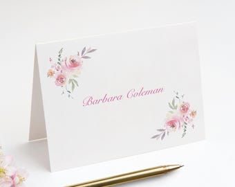Folded Note Cards with Floral Design and Elegant Script Name in Center, Personalized Fold Over Stationery Set | Set of 10