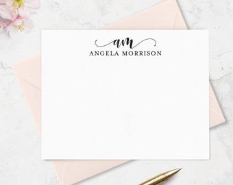 Monogrammed Stationery, Personalized Note Cards with 2 Letter Monogram and Full Name,   Notecards & Envelopes