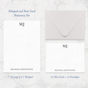 Personalized Monogrammed Stationery Set for Men with 10 Note Cards + 10 Envelopes + 50 Page Notepad, Personalized Mens Stationary Gift