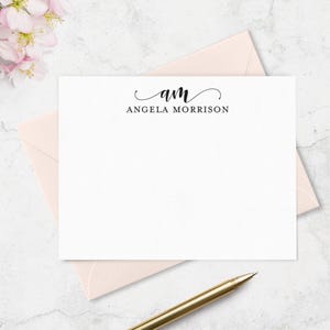 Papelería con monograma, tarjetas de felicitación personalizadas con monograma de 2 letras y nombre completo, tarjetas y sobres.