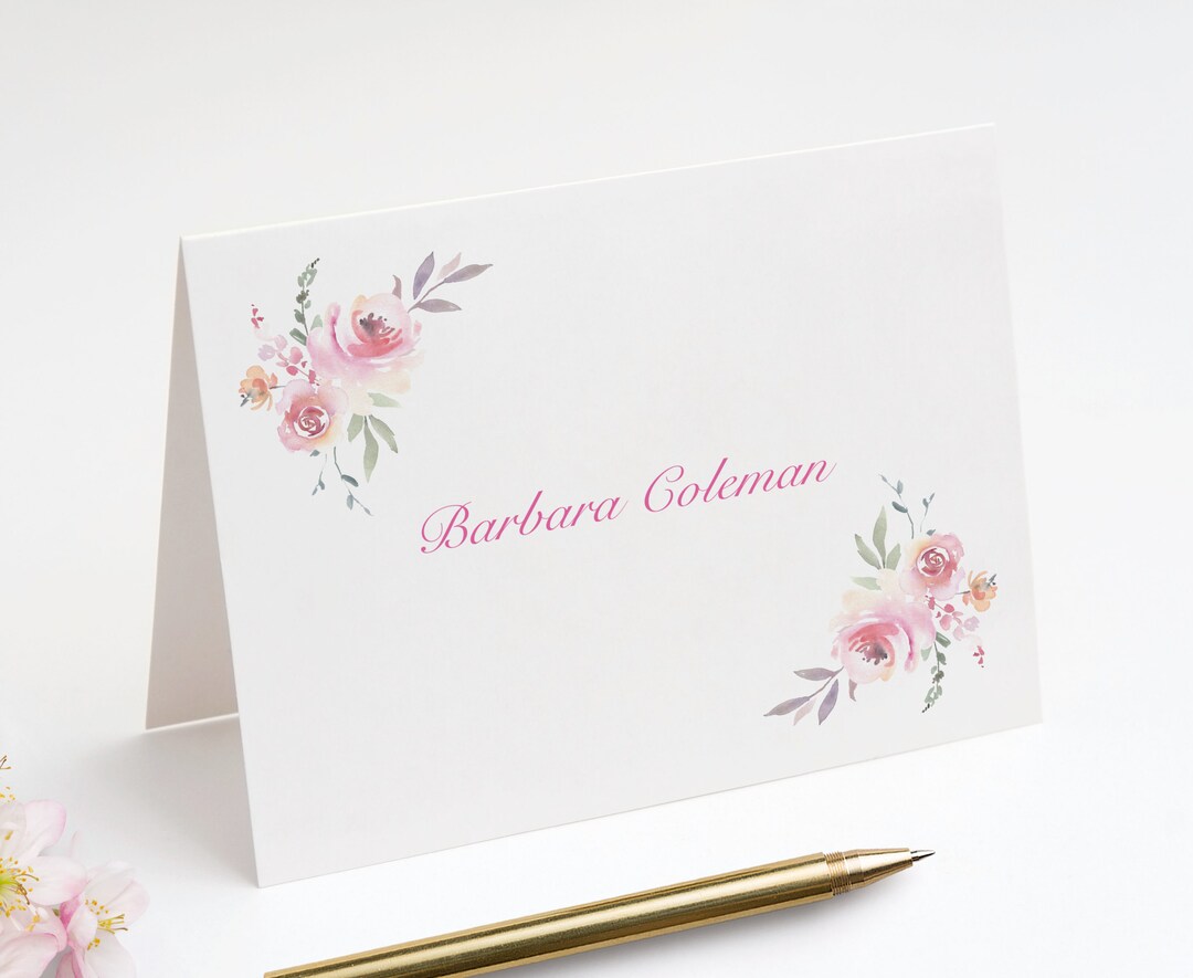 Folded Note Design Folded Note Cards With Floral Design and Elegant Script Name in Center ...