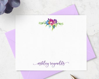 Custom Floral Note Cards in Personalized with Name,  Stationery A2 Flat Cards & Envelopes, Choose Colors | Set of 10