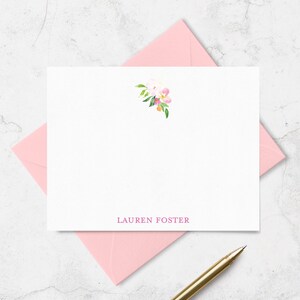 Personalized Note Cards with Name and Watercolor Flower Design, Floral Thank You Cards,  Flat Cards & Envelopes A2 or A7