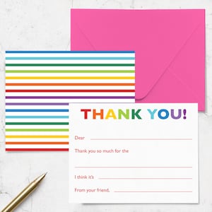 Thank You Cards with Fill in the Blanks for Children, Kids Thank You Notes in Rainbow Colors with Stripe Pattern on Back