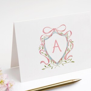 Pink Watercolor Crest Folded Thank You Cards | Monogrammed Note Cards for Babies image 2