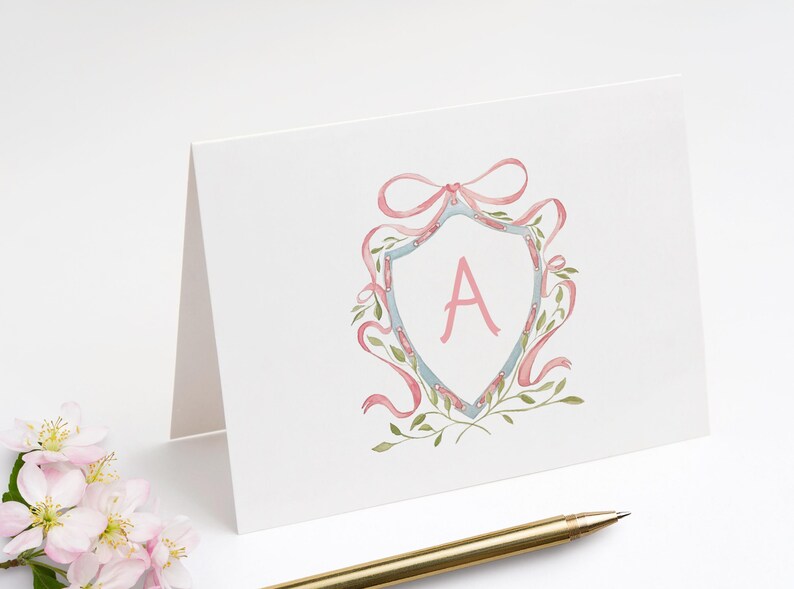 Pink Watercolor Crest Folded Thank You Cards | Monogrammed Note Cards for Babies image 2