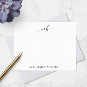 Personalized Note Card Set with 2 or 3 Letter Monogram and Full Name,  Stationery Set of 10 Notecards and Envelopes, Choice of Colors