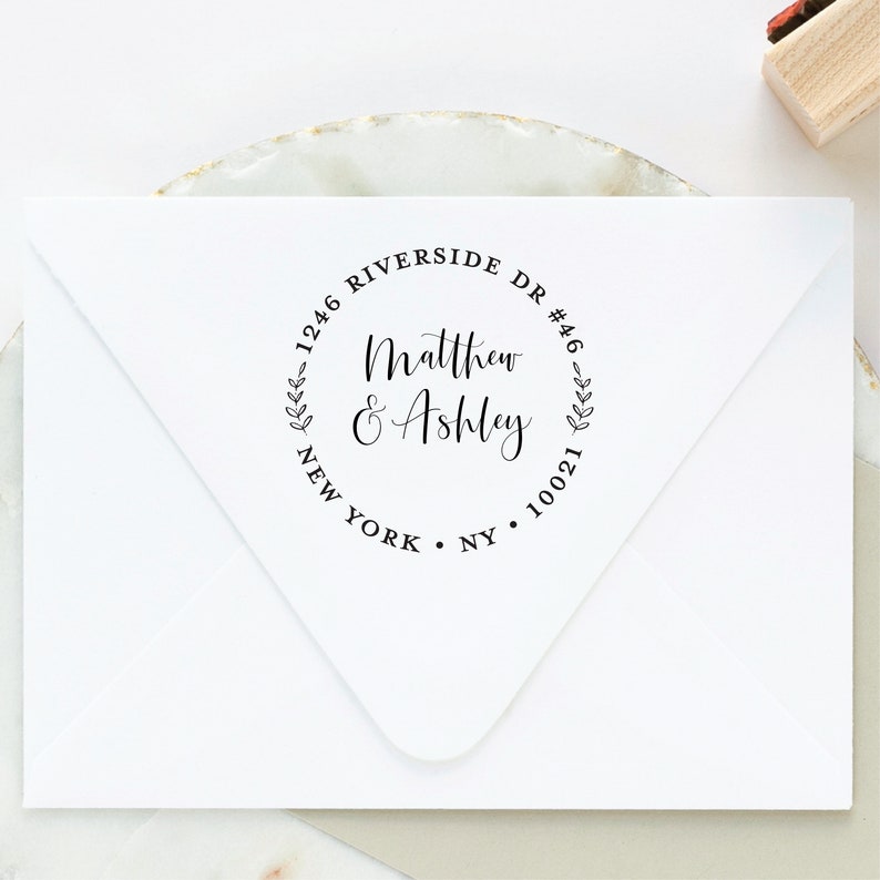 Return Address Stamp Round with Leaves and Calligraphy Font Custom Wreath Self Inking or Wooden Stamp with Handle Housewarming Gift