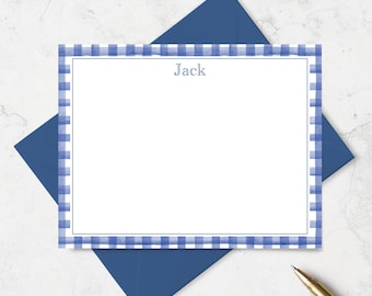 Personalized Note Cards for Boys with Navy Gingham Border, Custom Stationery for Children, Preppy Classic Style | Set of 10