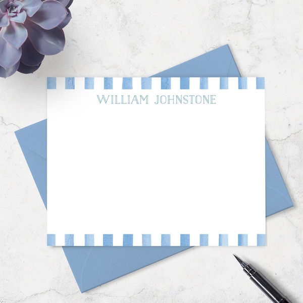 Personalized Blue Watercolor Stripe Border Note Cards for Boys, Stationery Set
