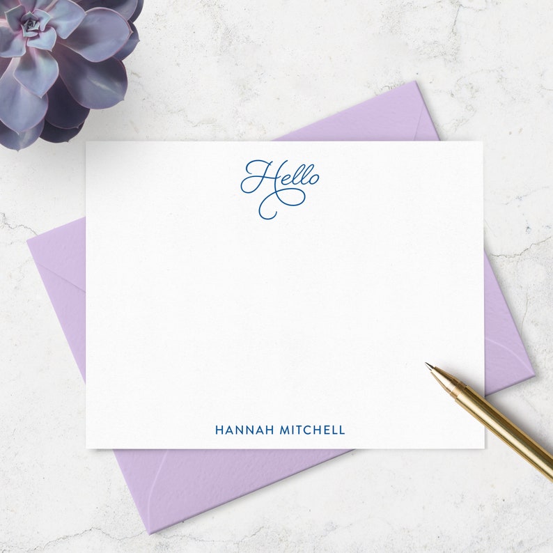 Personalized Hello Note Cards and Envelopes Stationery Set, Flat A2 Cards Personalized with Name, Choose Your Colors Set of 10 image 2