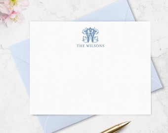 Classic Monogram and Family Name Note Card Stationary, Personalized Stationery in Choice of Colors A2 or A7