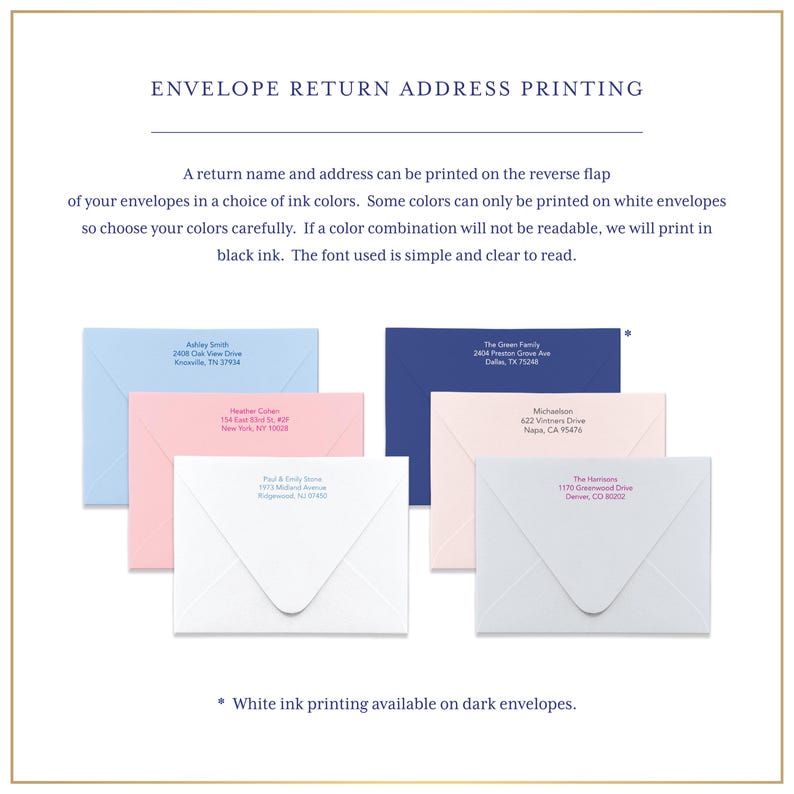 a collection of different colored envelopes, each with a return address printed on the reverse flap.