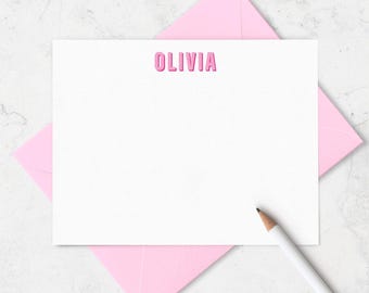 Pink Shadow Print Note Cards for Children, Personalized Notecard & Envelope Stationery Set for Kids, Boy or Girl Writing Notes | A2 or A7