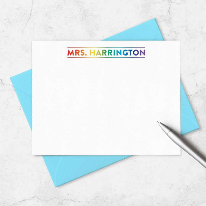 Boxed Set of A2 Flat Stationery Teacher Stationery Note to Students Teacher Note Cards Personalized with Name in Rainbow Bright Colors