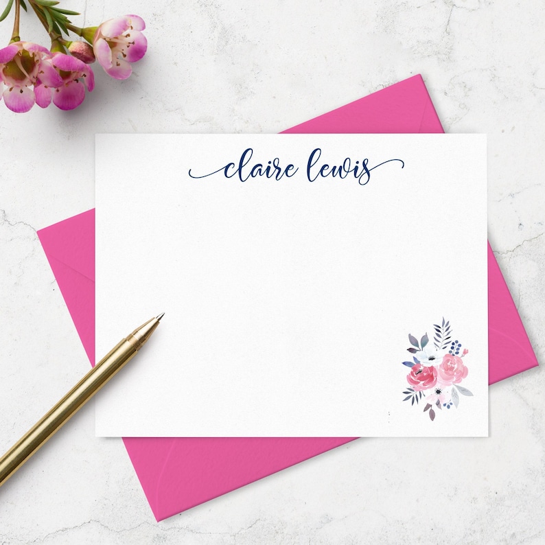 Custom Floral Note Cards Personalized with Name, Stationery Flat Cards & Envelopes, Choose Colors A2 or A7 Bild 1