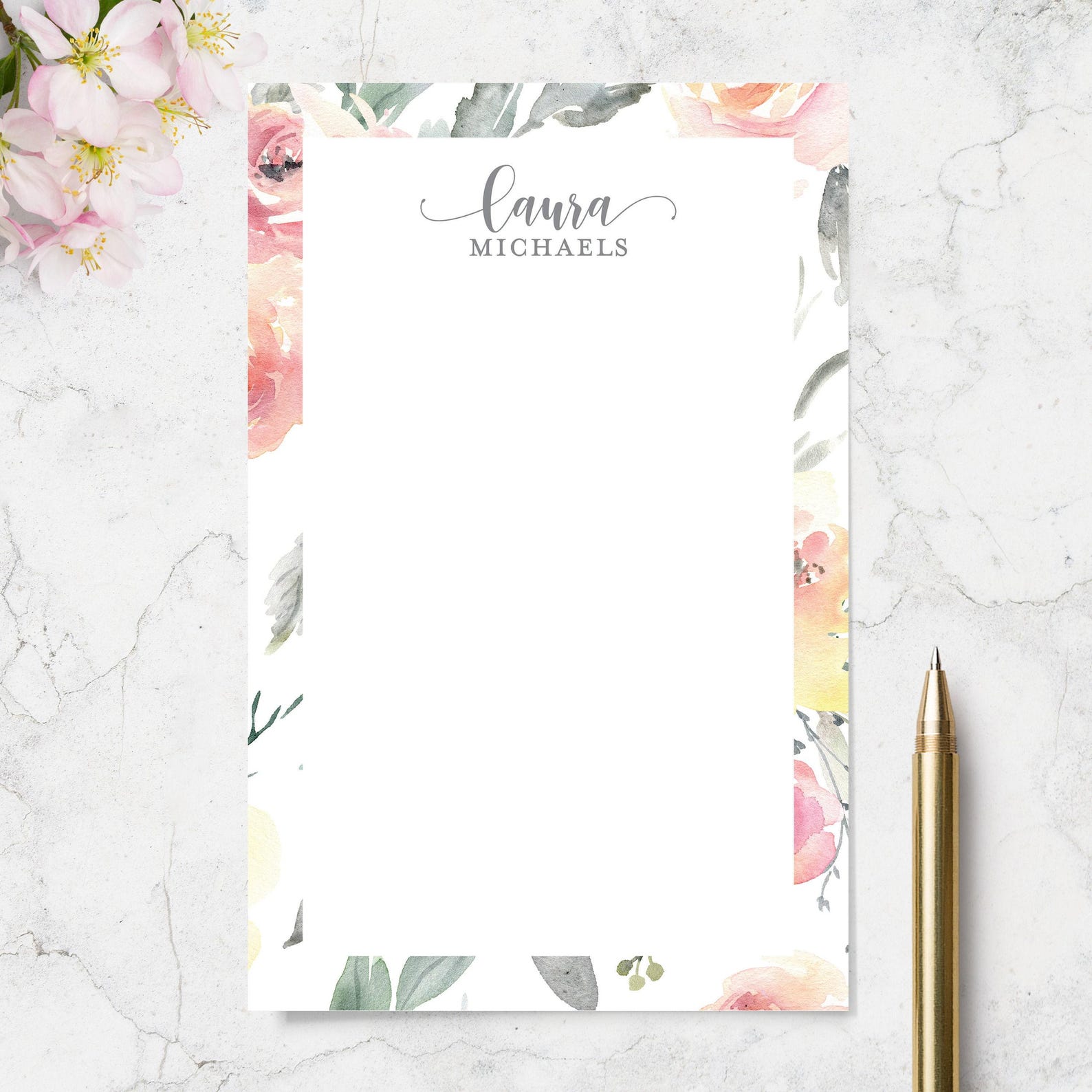 Personalized Notepad With Blush Pink Floral Border Lined or Unlined 50 ...