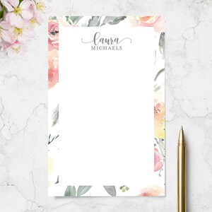Personalized Notepad with Blush Pink Floral Border Lined or Unlined 50 or 100 Sheets, Tear Off Memo Pad, Personalized Stationery Gift