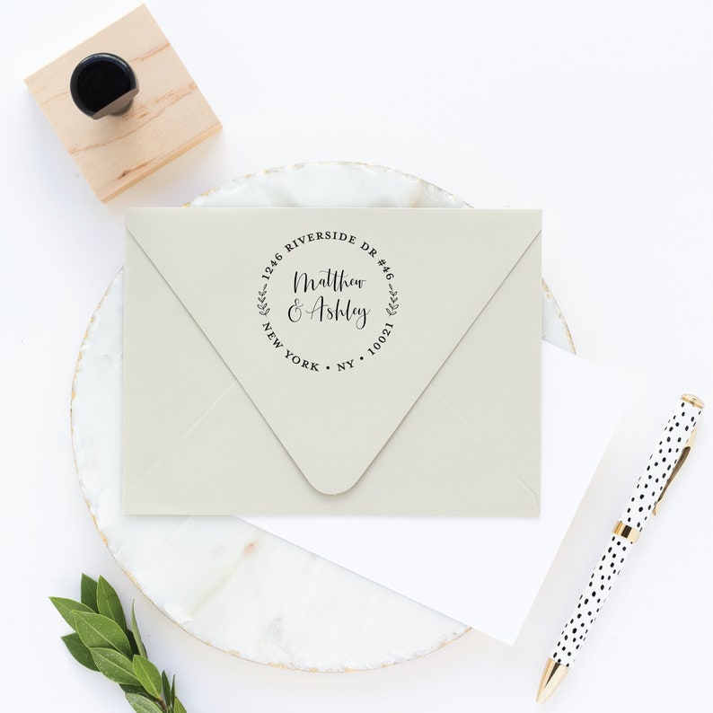 Return Address Stamp Round with Leaves and Calligraphy Font Custom Wreath Self Inking or Wooden Stamp with Handle Housewarming Gift