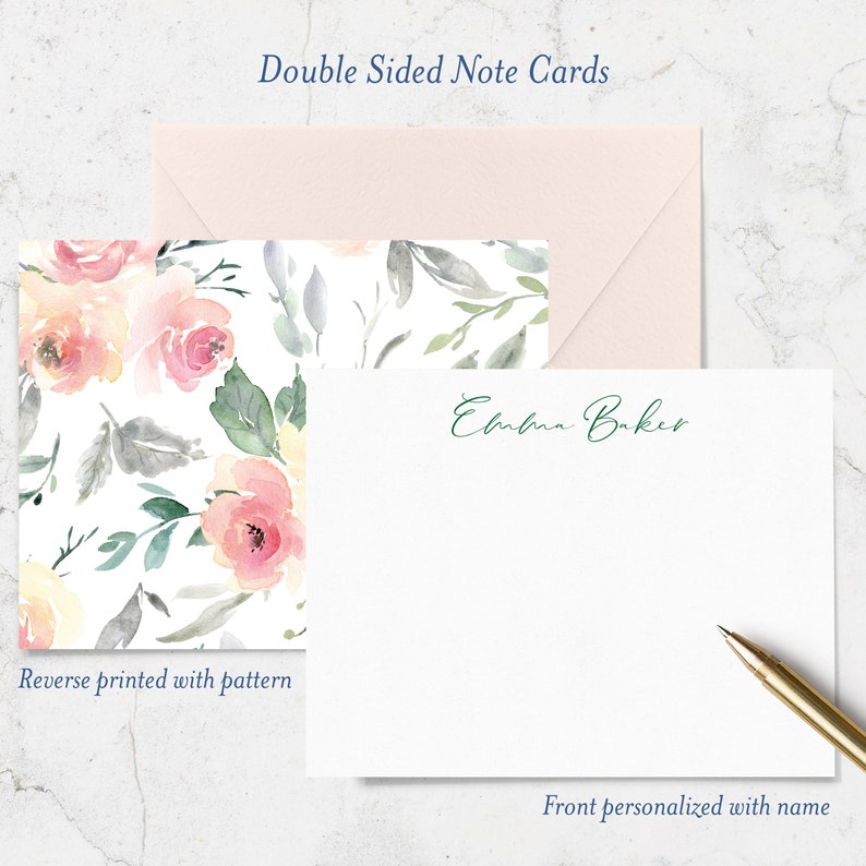Set of 10 Cards with Envelopes Blush Pink Floral Double Sided Note Cards with Name on Front and Watercolor Pattern on Reverse