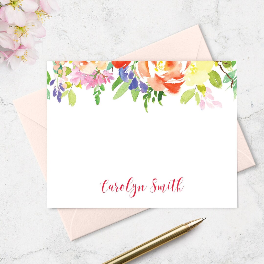 Floral Note Card & Envelope Stationery Set Personalized With Names, A2 ...