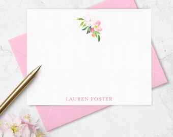 Personalized Note Cards with Name and Watercolor Flower Design, Floral Thank You Cards, Set of 10 Flat Cards & Envelopes