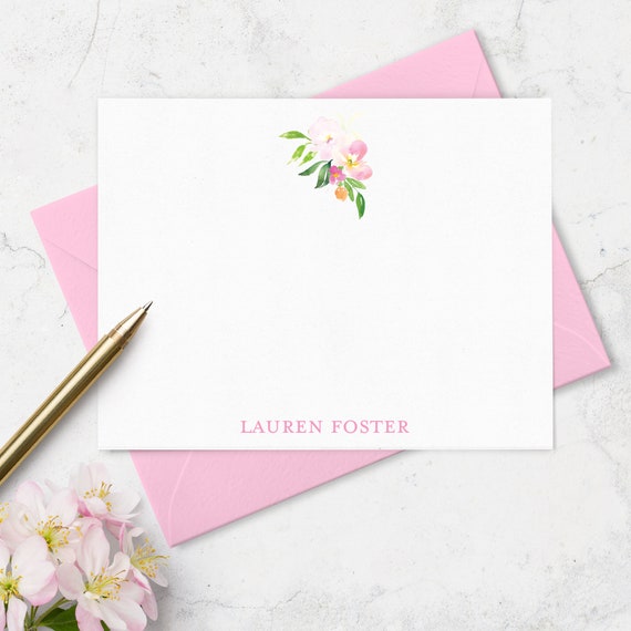 Floral Print Note Cards, Custom Notecards, Personalized Flat Cards, Set Of  15 Custom Stationery Cards, Watercolor Flowers Notecards
