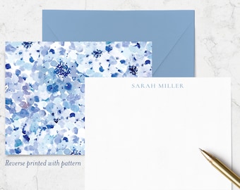 Blue Hydrangea Watercolor Double Sided Note Cards with Name on Front and Pattern on Reverse, Blue Hydrangea Note Card Stationery | Set of 10