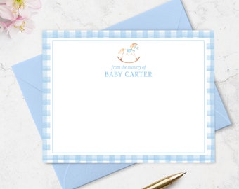 Baby Shower Thank You Cards from Nursery of Baby Boy, Personalized Baby Note Card Stationery Set with Blue Gingham Border | Set of 10