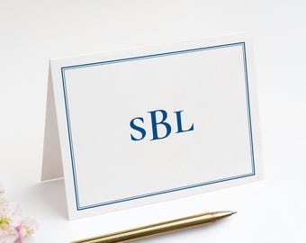 Folded Note Cards with 3 Letter Monogram on Front, Personalized Fold Over Monogrammed Stationery Set