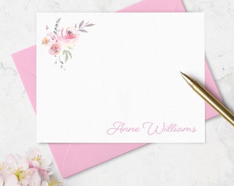 Floral Note Card and Envelope Stationery Set with Pink Watercolor Flower Design,   Flat Cards, Choose Ink and Envelope Colors A2 or A7