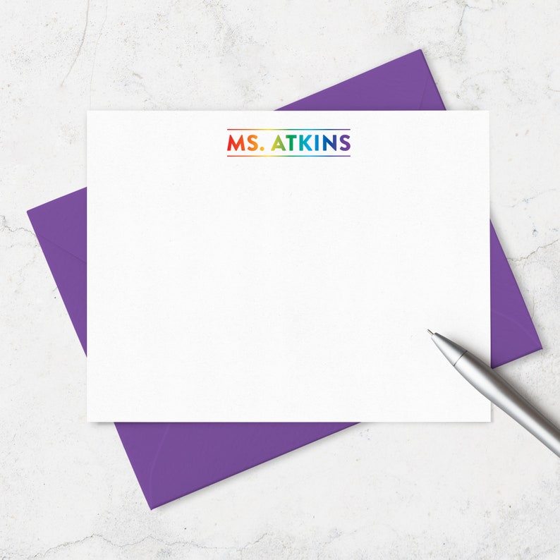 Boxed Set of A2 Flat Stationery Teacher Stationery Note to Students Teacher Note Cards Personalized with Name in Rainbow Bright Colors