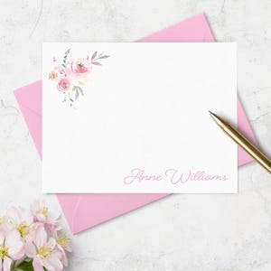 Floral Note Card and Envelope Stationery Set with Pink Watercolor Flower Design,   Flat Cards, Choose Ink and Envelope Colors A2 or A7